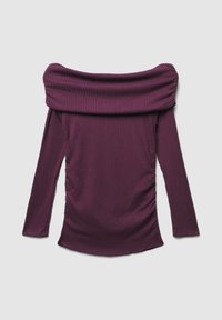 Schulterfreies Langarm-Oberteil aus tiefviolettem, geripptem Material mit gerafften Seiten und einer weichen, glatten Textur.