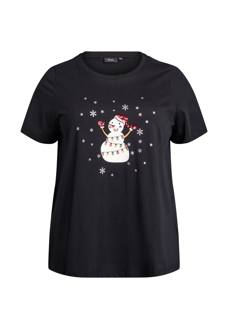 Sort bomulds T-shirt med grafisk tryk af en snemand med røde accenter, farvestrålende lyskæder og hvide snefnug foran. Korte ærmer og rund hals.