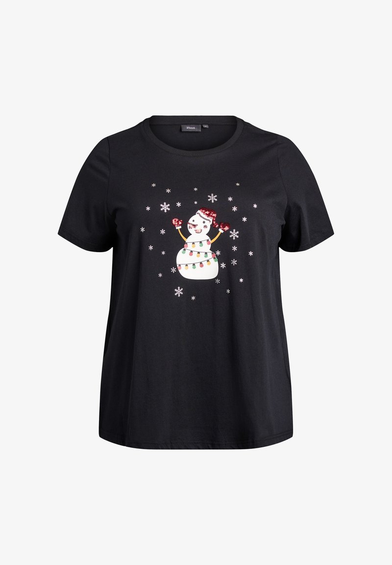 Svart bomulls-T-shirt med en snögubbe med röda accenter, färgglada ljus och vita snöflingor på framsidan. Kortsiktiga ärmar och rundad hals.