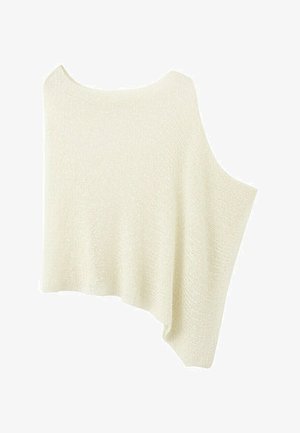 Asymmetric cream-colored knitted sweater with one shoulder cutout and loose, slightly textured fabric.