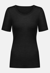 Černé tričko s krátkým rukávem a žebrovanou strukturou, zaobleným výstřihem, přiléhavým střihem a měkkou tkaninou.