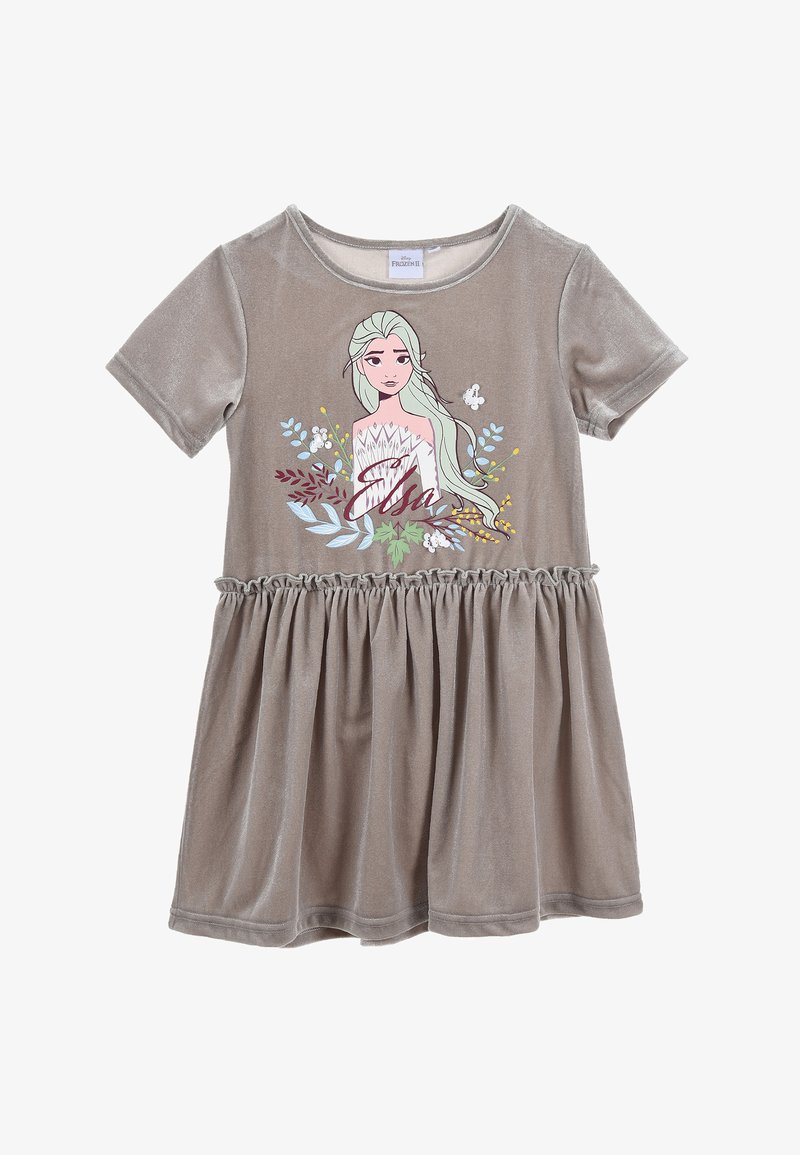 Grauvelourskleid mit kurzen Ärmeln, gerafftem Taillenbereich und einem Grafikmotiv eines Charakters mit hellem Haar und floralen Akzenten.