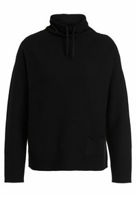 Svart pullover med hög krage och dragsnören, med en framficka, tillverkad av ett mjukt, texturerat tyg. Enkel, avslappnad passform.