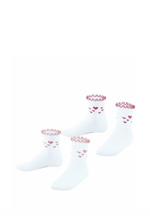 Vier weiße Knöchelsocken mit rosa Rüschensaum und kleinen rosa Herzmustern in der Nähe des Knöchels.