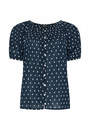 Blusa a maniche corte blu navy con motivo a puntini rettangolari bianchi, scollo rotondo, chiusura frontale con bottoni e tessuto leggermente arricciato.