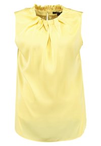 Blusa amarilla sin mangas hecha de satén, con un cuello recogido y un diseño de plisado sutil. Textura suave con cremallera en la parte posterior.
