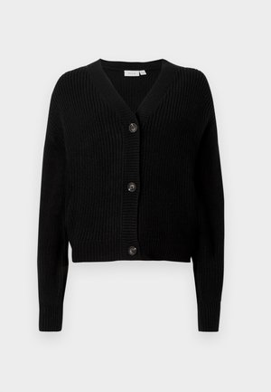 Cardigan nero a coste con scollatura a V, maniche lunghe e cinque bottoni chiusi davanti. Tessuto morbido con vestibilità cropped.