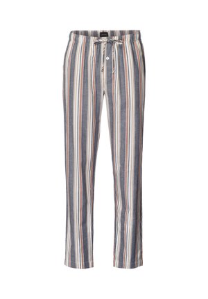 Pantaloni di lino a righe con cintura a stringa, righe verticali nei colori blu navy, bianco e ruggine, e un design dalla vestibilità rilassata.
