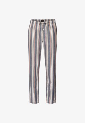 Pantaloni di lino a righe con cintura a stringa, righe verticali nei colori blu navy, bianco e ruggine, e un design dalla vestibilità rilassata.