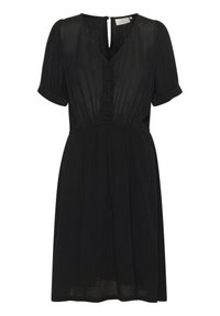 Schwarzes Kleid mit kurzen Puffärmeln, V-Ausschnitt, vorderen Knöpfen und tailliertem Bund. Weicher Stoff mit einem fließenden Rock und subtiler Textur.
