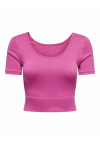 Getailleerde top met korte mouwen in felroze geribbelde stof, met een ronde halslijn en een cropped lengte. Soepele textuur met minimale naden.