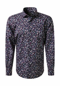 Knoopshirt in donkere marineblauwe stof met een bloemenpatroon in wit, roze en teal. Lange mouwen met een klassieke kraag.