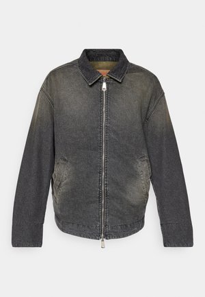 Denim jacket in faded black with a fold-down collar, front zip closure, side pockets, and a relaxed fit. Textured fabric with slight sheen.