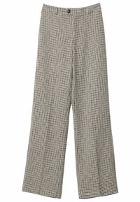 Pantaloni a gamba larga con un motivo a chevron in bianco, nero e rosso. Realizzati in un tessuto dalla texture liscia e rifiniti con una chiusura a bottone.