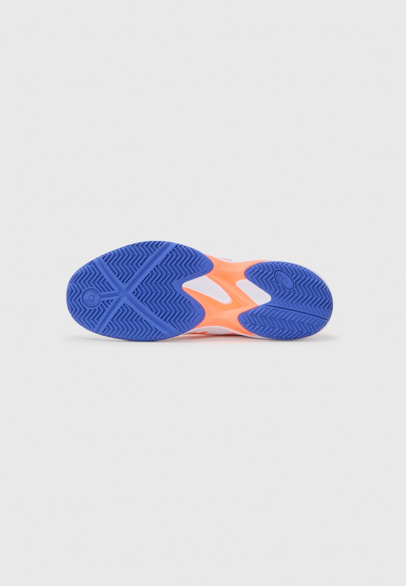 Shoe sole featuring a blue rubber bottom with a zigzag pattern, transitioning to a pink midsole and a white upper section.