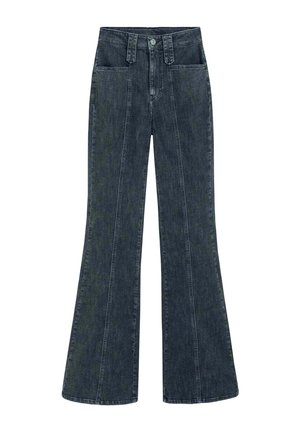 Jeans in denim grigio scuro a vita alta con cuciture frontali, gambe ampie a zampa d'elefante e tasche anteriori.