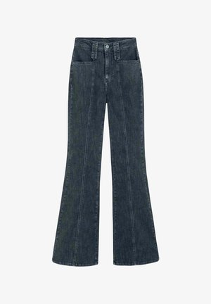 Jean en denim gris foncé à taille haute avec coutures avant, jambes larges évasées et poches avant.