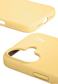Yellow silicone phone case with rounded edges, cutout for camera, and logo embossed on the back. Smooth texture and minimalistic design.