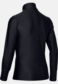 Svart långärmad polo skjorta med hög krage, slät textur och figursydd design, med en ren baksida utan utsmyckningar.