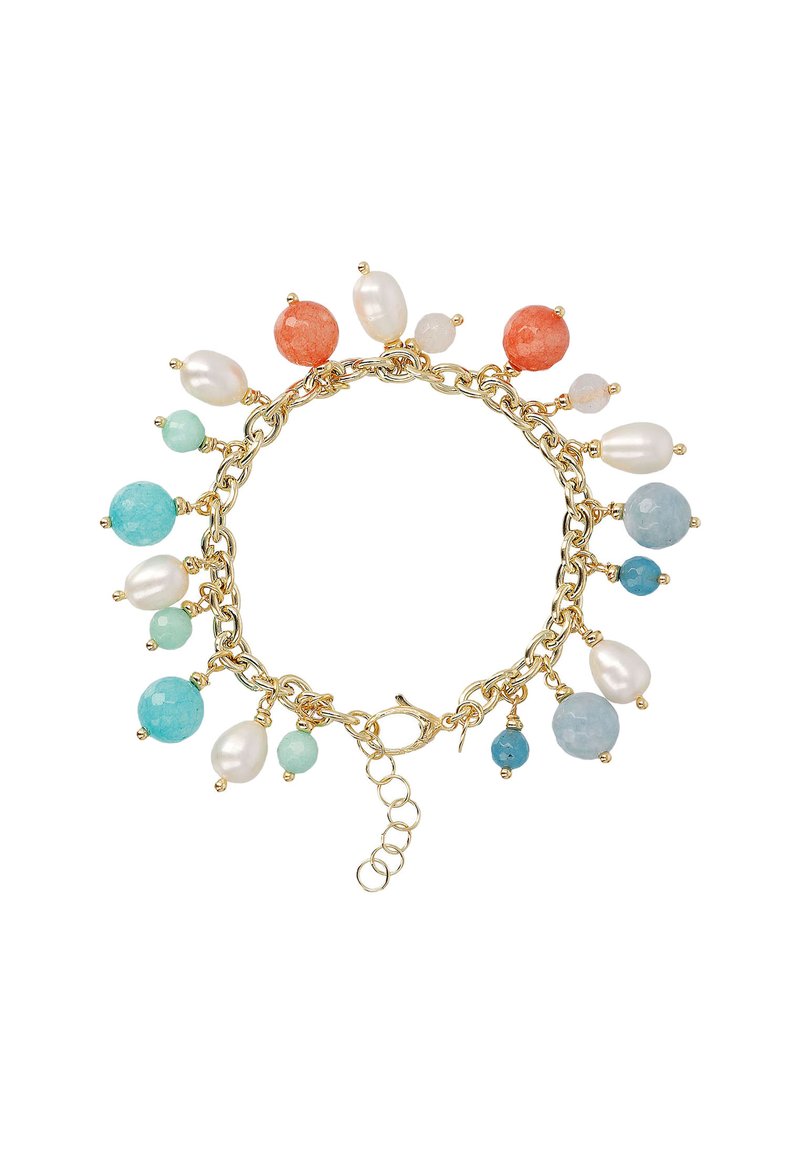 Pulsera de cadena de oro con múltiples piedras preciosas y perlas de varios colores, incluyendo rojo, azul, verde y blanco, con un cierre de langosta.