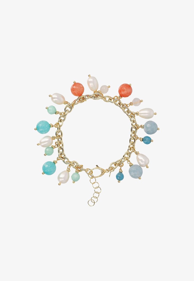 Pulsera de cadena de oro con múltiples piedras preciosas y perlas de varios colores, incluyendo rojo, azul, verde y blanco, con un cierre de langosta.