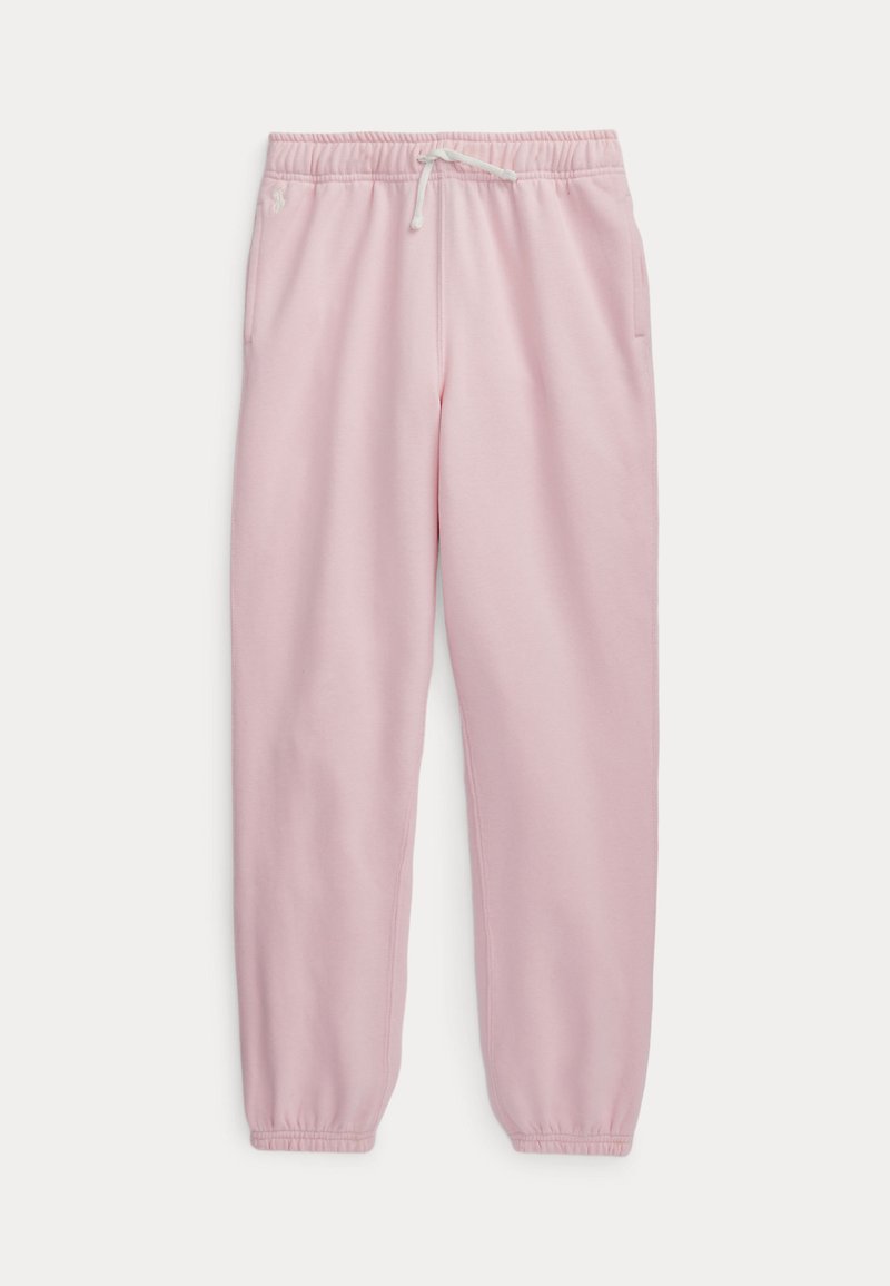 Rosa sweatpants tillverkade av mjukt tyg, med ett elastiskt midjeband och dragsko, sidofickor och elastiska avslut vid anklarna.