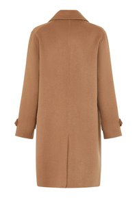 Manteau en laine brun avec un col frappant, des manches longues et des fentes sur les côtés. Présente des poignets boutonnés et une texture lisse et douce.