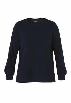Navy blue long-sleeve sweatshirt with round neckline and side button detailing on a white background.