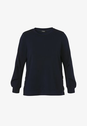 Marineblauwe sweatshirt met lange mouwen, ronde hals en zijknopdetails op een witte achtergrond.