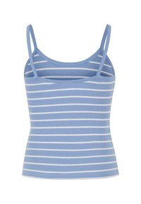 Camiseta sin mangas azul acanalada con tirantes finos y rayas blancas horizontales, longitud recortada, vista frontal sobre un fondo blanco.