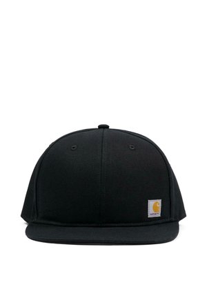 Casquette snapback Carhartt noire avec visière plate et petit patch logo carré sur le côté avant droit.