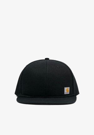 Zwarte Carhartt snapback pet met een platte klep en een klein vierkant logopatch aan de rechtervoorkant.