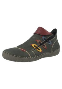 Zapato de exterior de cuero verde oscuro con un cuello color marrón, ojetes coloridos en amarillo, azul y marrón, y costuras decorativas. Suela texturizada.