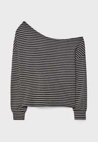 Dolga majica z dolgimi rokavi, ki segajo z ramen, v sivih in črnih črtah. Mehka tkanina, širok izrez, rebrasti manšete in sproščen kroj.