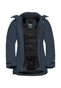 Blaue, isolierte Outdoor-Jacke mit durchgehendem Reißverschluss, verstellbarer Kapuze und mehreren Taschen. Glatte Außenseite und gestepptes Innenfutter.