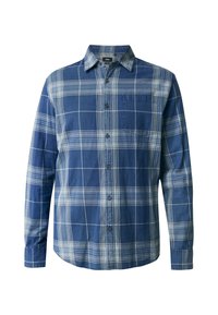 Camicia a maniche lunghe con bottoni in plaid blu, con tasca sul petto, tessuto morbido e colletto strutturato. Presenta bottoni neri e dettagli cuciti.