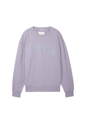 Fløjlslilla sweatshirt med rund halsudskæring, ribbede manchetter og linning, med ordet "WORLDWIDE" præget over brystet.