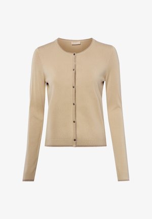 Beige cardigan met lange mouwen, ronde hals en zes knopen aan de voorkant, gemaakt van fijne gebreide stof.