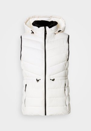 Λευκό γιλέκο puffer με κουκούλα, διαθέτει μαύρη επένδυση, κλείσιμο με φερμουάρ και δύο πλευρικές τσέπες με φερμουάρ. Σχεδίαση με υφή και καπιτονέ.