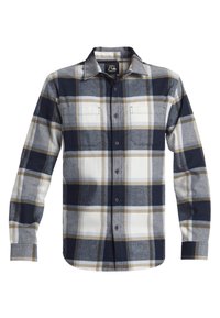 Långärmad rutiga skjorta i marin, grå och kräm med tan detaljer. Har två framfickor och knappstängning. Mjukt flanelltyg.