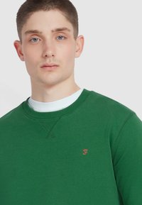 Groene sweatshirt met een ronde hals, ribgebreide manchetten en een geborduurd oranje logo op de borst. Gemaakt van zachte, gestructureerde stof.
