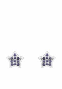 Silver stjärnformade örhängen med lila ädelstenar i ett kluster-mönster med en strukturerad yta. Totalt sett en lekfull design.