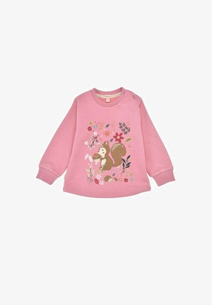 Pink sweatshirt with long sleeves, featuring a squirrel graphic among floral patterns. Soft fabric with round neck and snap-button accents.