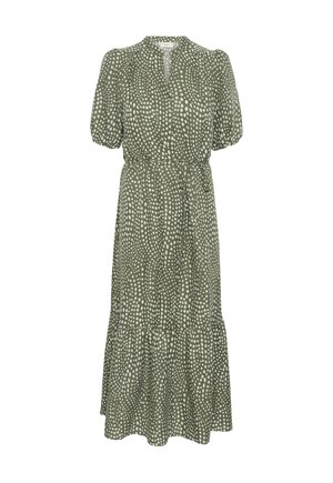 Olivzaļas vidēja garuma kleita ar baltām izkaisītām polka punktēm, pūkainām piedurknēm, V veida izgriezumu, jostu viduklī un volānu apakšmalu.