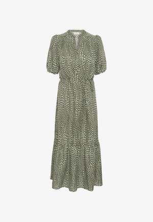 Maslinasto zelena midi haljina s bijelim raspršenim točkicama, puf rukava, V-izrezom, remenom u struku i naboranim porubom.