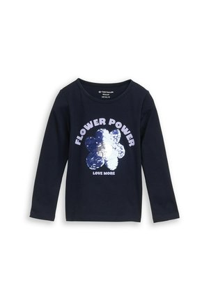 Navyblaues Langarmshirt mit einer Paillettenblume und dem Text "FLOWER POWER" über und "LOVE MORE" unter dem Blumenmotiv.