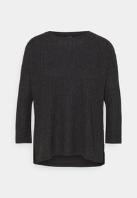 Ciemnoszary top z długim rękawem, okrągłym dekoltem i luźnym krojem. Zawiera subtelne poziome prążkowanie oraz boczne rozcięcia na dole.