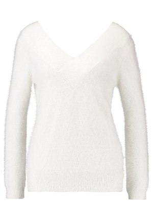 White, fluffy sweater with a deep V-neck, long sleeves, and a textured finish. Features a ribbed bottom hem and cuffs.