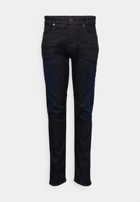 Jeans in denim scuro con una vestibilità slim, caratterizzati da gamba dritta, cinque tasche e dettagli di cucitura arancione sulle cuciture e sulla vita.