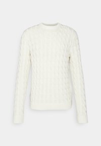 Cremefarbener Strickpullover mit strukturiertem Zopfmuster, geripptem Ausschnitt und Bündchen sowie geradem Saum. Hergestellt aus weichem Stoff.